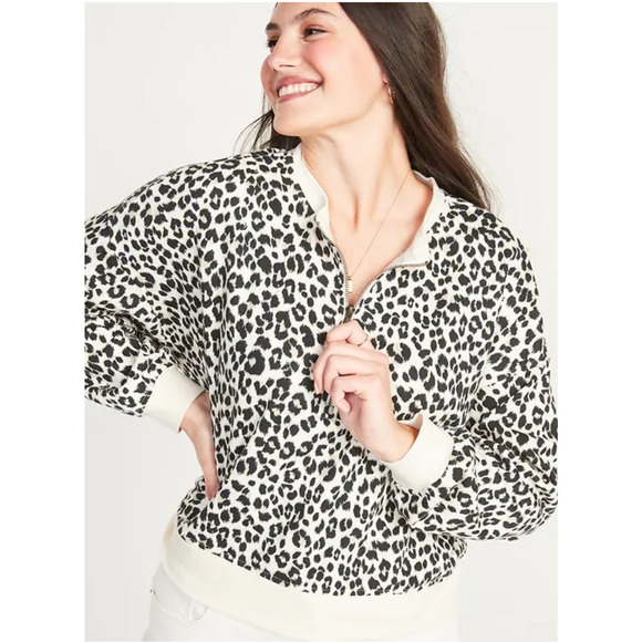 Old Navy boxy fit Leopard Half-Zip French Terry Sweatshirt Size Medium - Picture 1 of 8